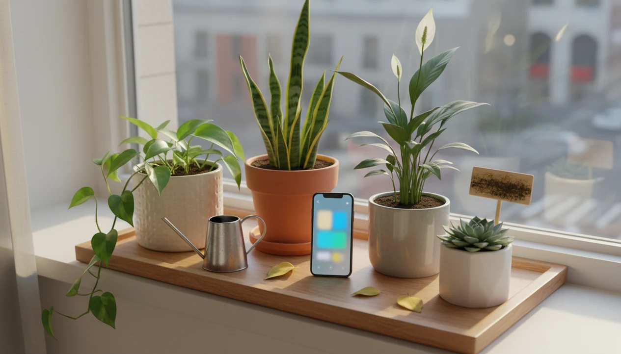 Houseplants, a watering can, and a phone on a sunny windowsill suggest simple daily plant care.