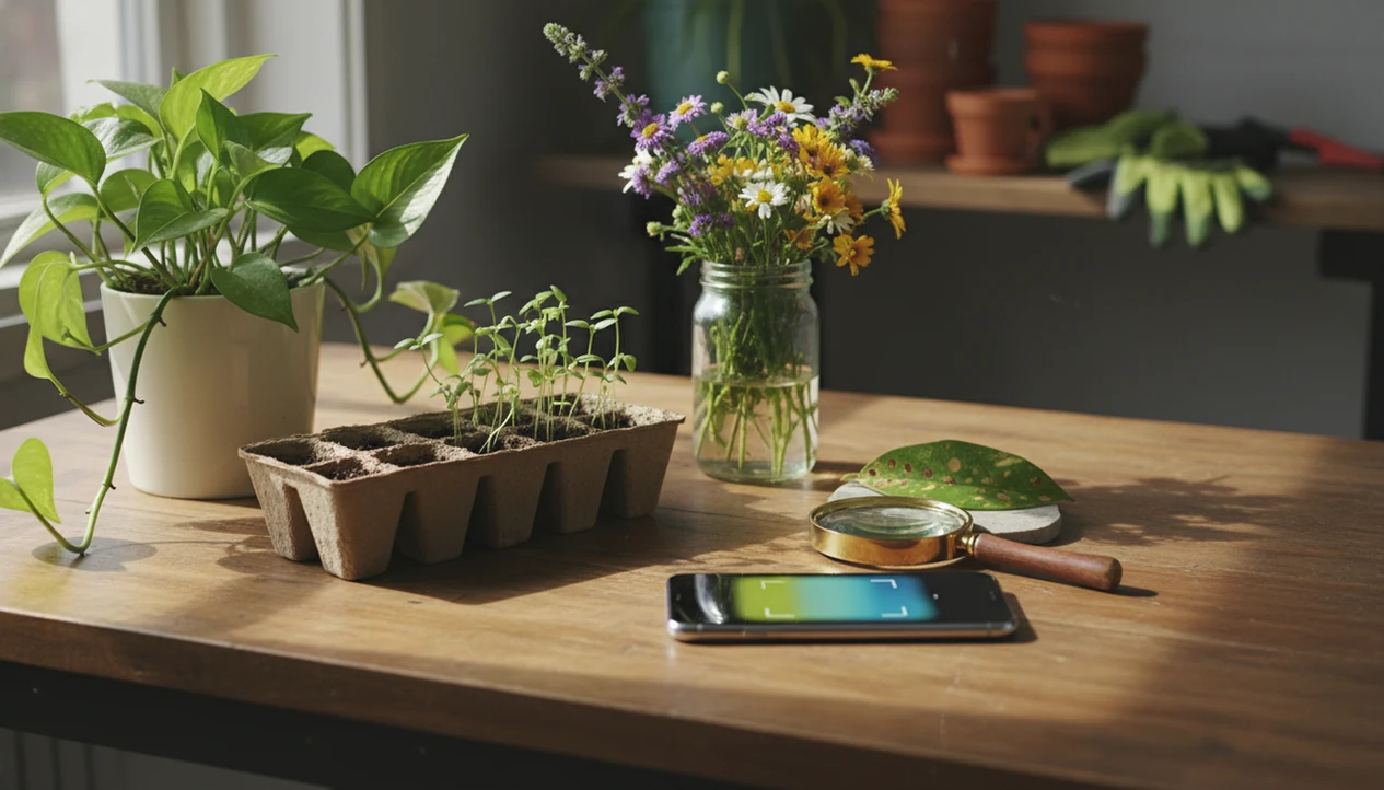 A phone rests among houseplants, herbs, wildflowers, and a spotted leaf on a bright gardening table.