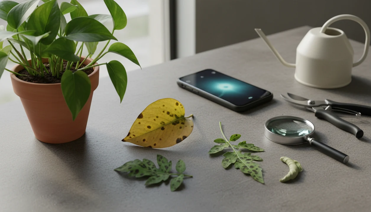 Symptomatic plant leaves, a phone, and care tools arranged for comparing plant disease apps.