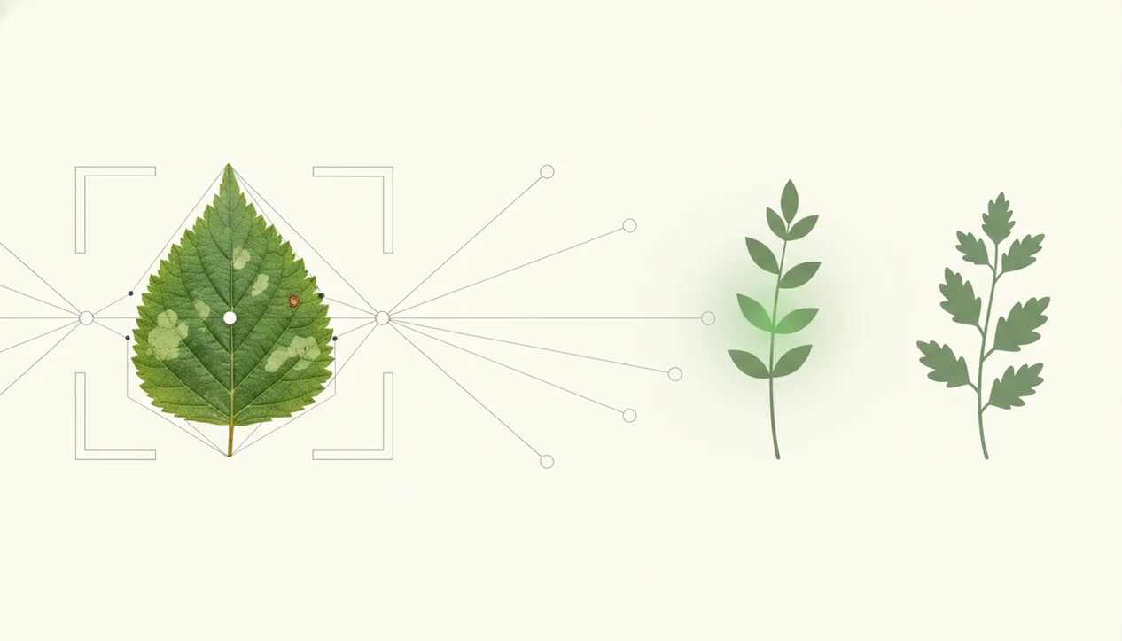 A clean diagram shows leaf features being traced and matched to possible plant silhouettes by AI.