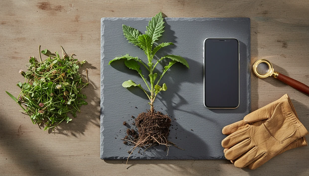A weed specimen is examined on a garden bench beside a phone, gloves, and a hand lens.