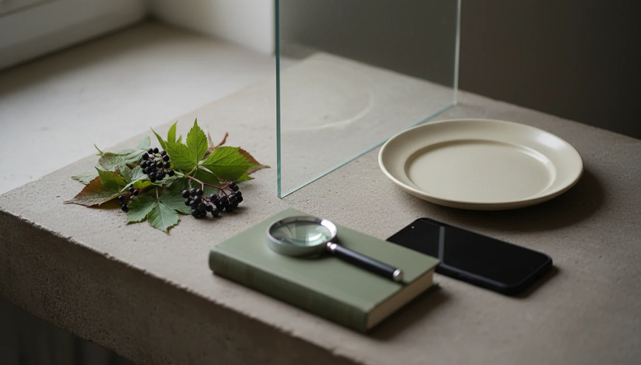 Wild leaves and berries sit apart from a plate beside a face-down phone, suggesting caution before eating.