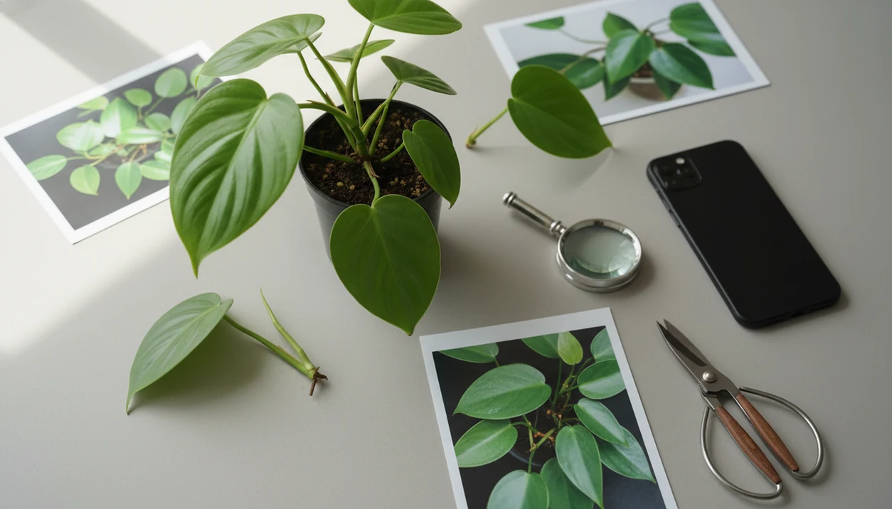 A potted plant, similar leaf cuttings, phone, and hand lens arranged for careful plant name checking.