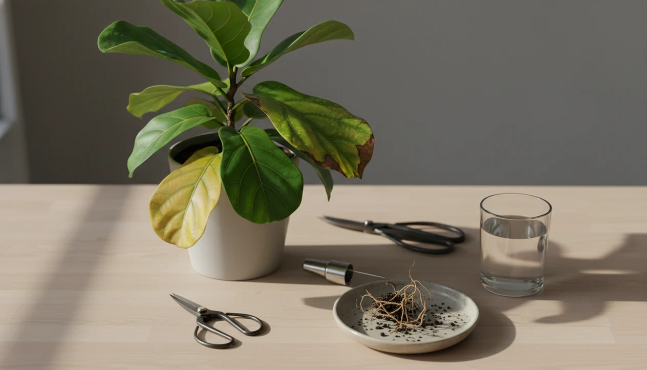 A potted plant with varied yellow leaf patterns sits on a diagnostic worktable with soil and tools.