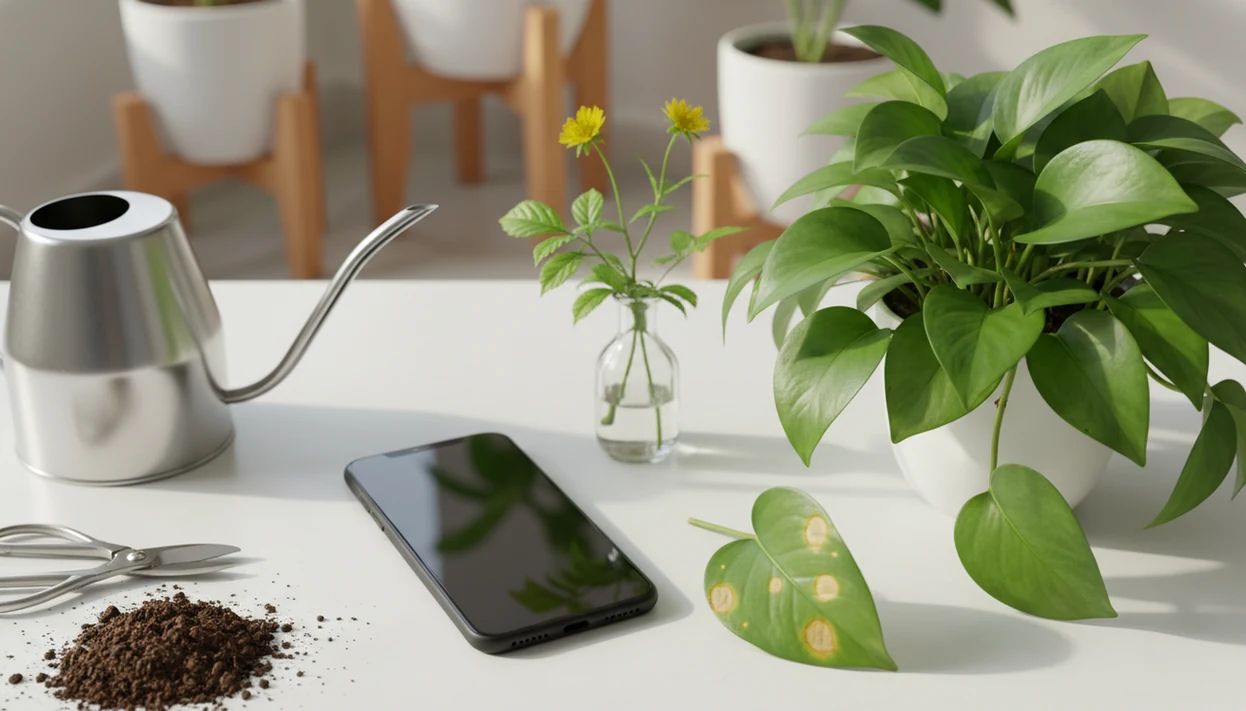 A smartphone rests beside healthy and spotted plant leaves on a bright indoor potting table.