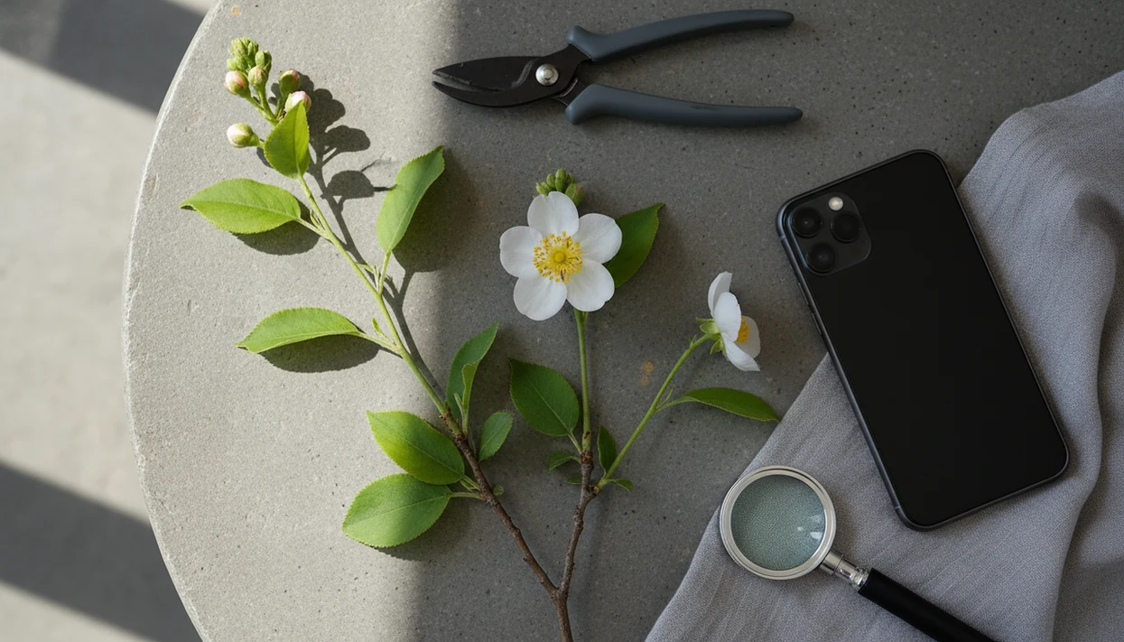 A flower, leaves, stem, buds, and a blank smartphone are arranged for photo identification.