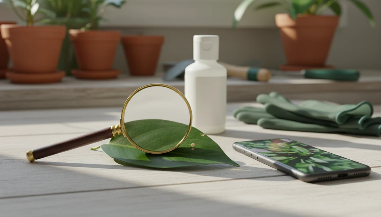 A spotted plant leaf, phone, magnifying glass, gloves, and pesticide bottle arranged to suggest careful verification.