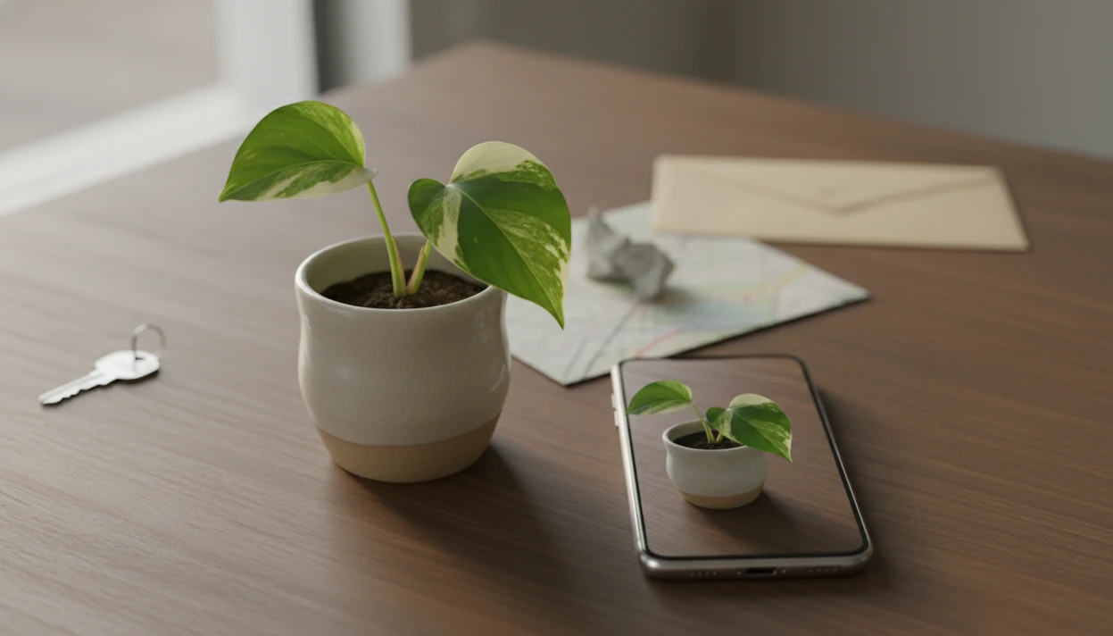 A phone shows a tightly cropped plant leaf photo beside subtle home and location privacy clues.