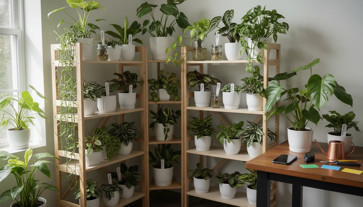 An organized indoor plant collection with blank tags, tools, and a phone ready for care tracking.