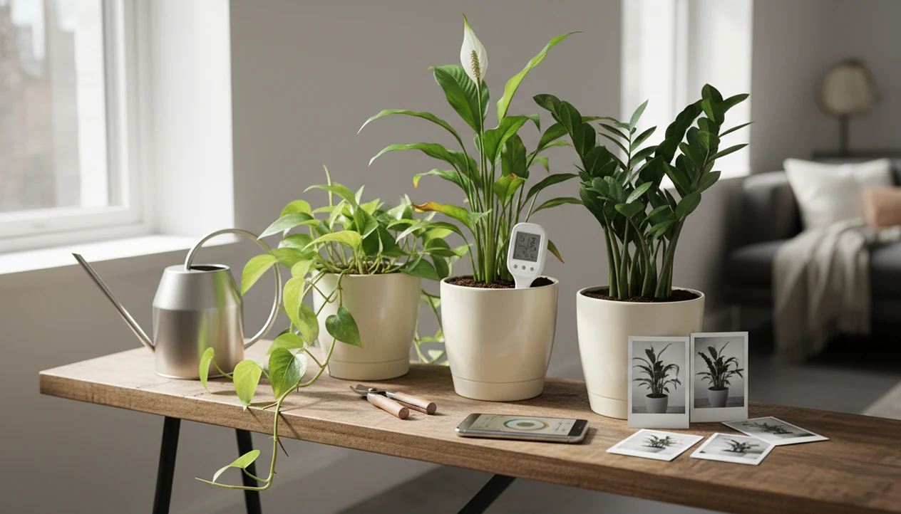 Houseplants near a window with care tools and weekly photo prints showing a month of tracking.