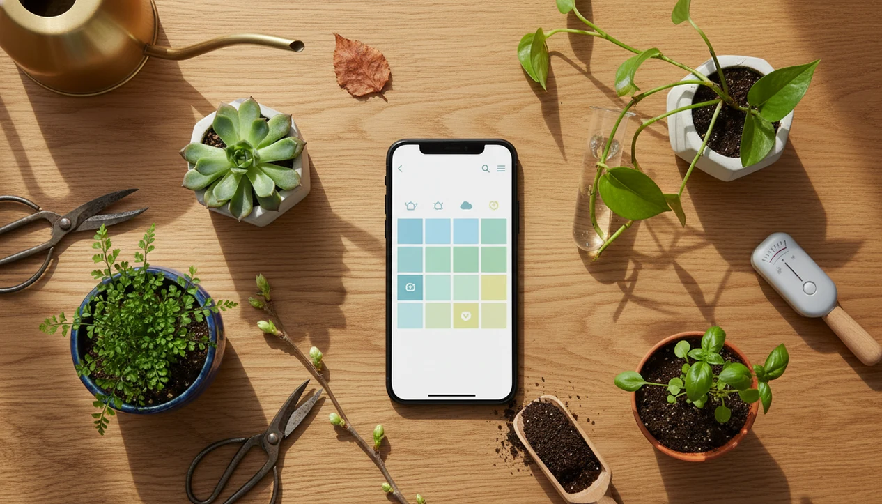 A phone with a visual plant care calendar surrounded by houseplants, soil, and care tools on a table.