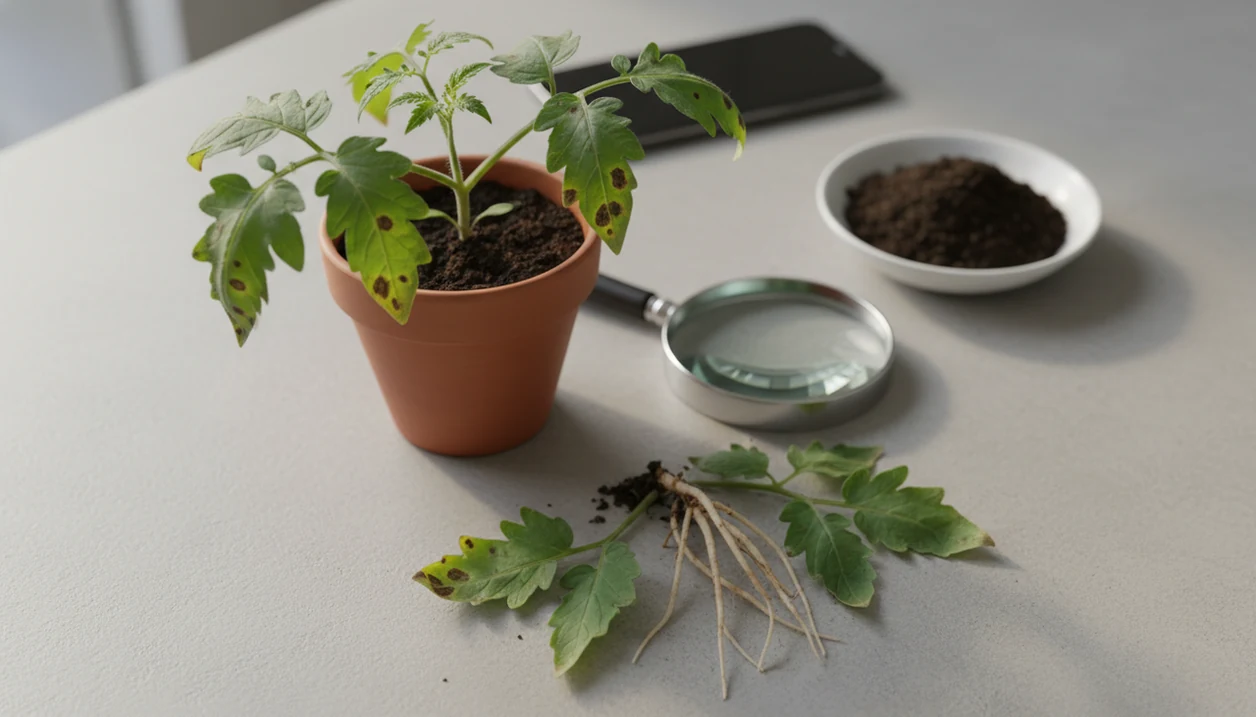 A diseased plant, magnifying glass, soil sample, roots, and blank phone suggest the limits of visual diagnosis.