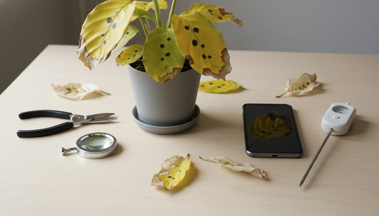 A sick potted plant sits beside a blank smartphone and plant-care tools for photo-based disease triage.