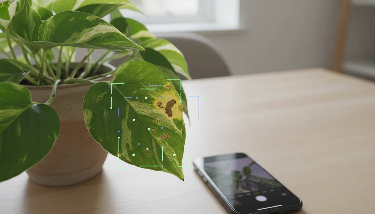 A smartphone scans a spotted yellowing houseplant leaf on a bright indoor table.