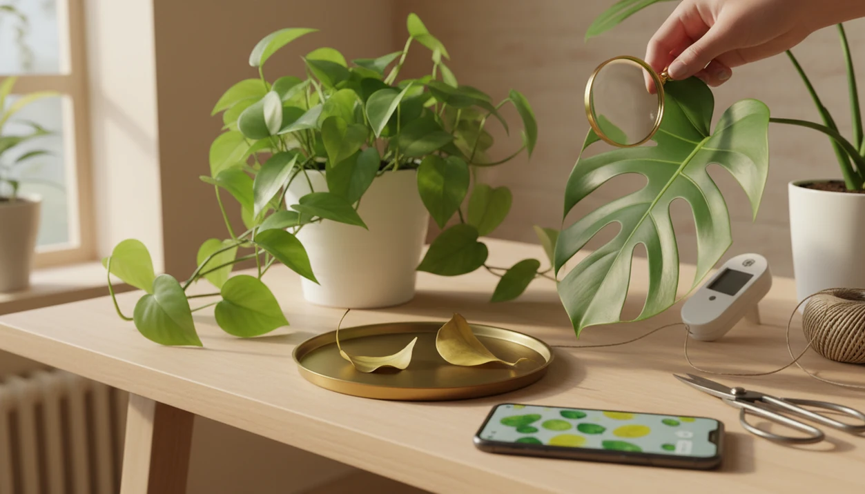 A recovered pothos, plant care tools, and a phone suggest app-guided houseplant care changes.