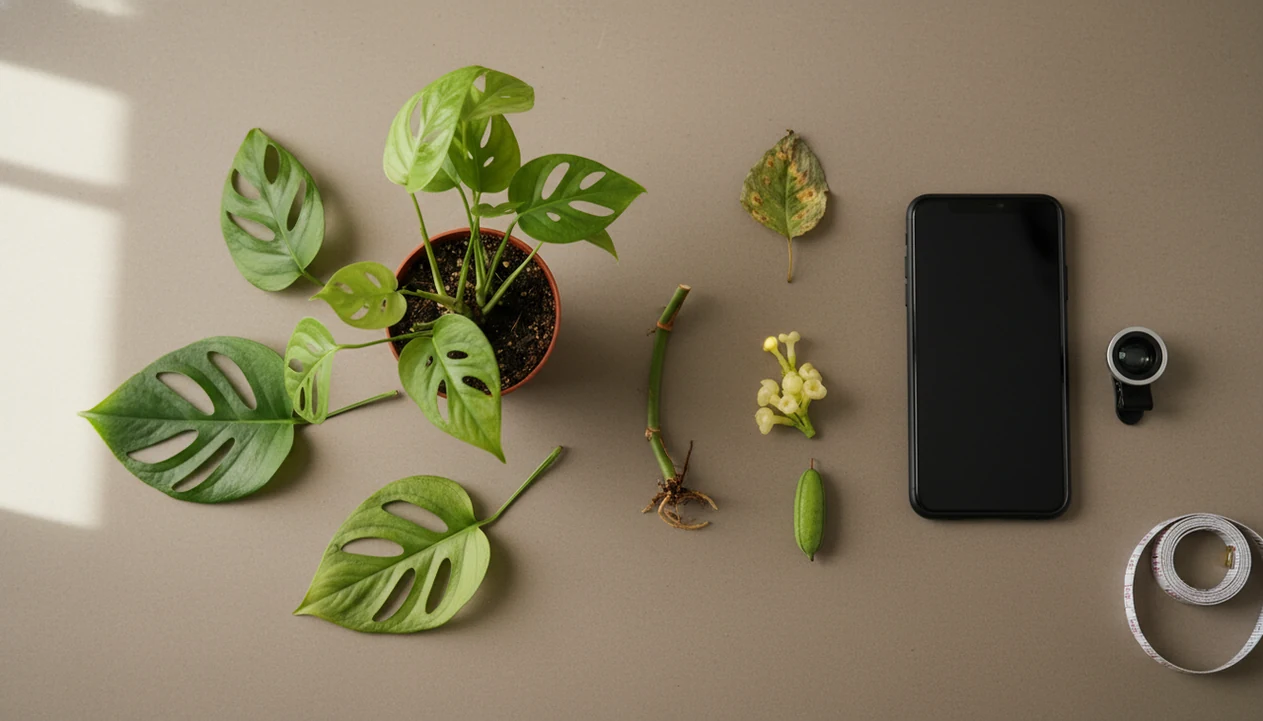 A flat lay shows a plant, leaves, stem nodes, flower, fruit, damage, and a phone ready for plant ID photos.