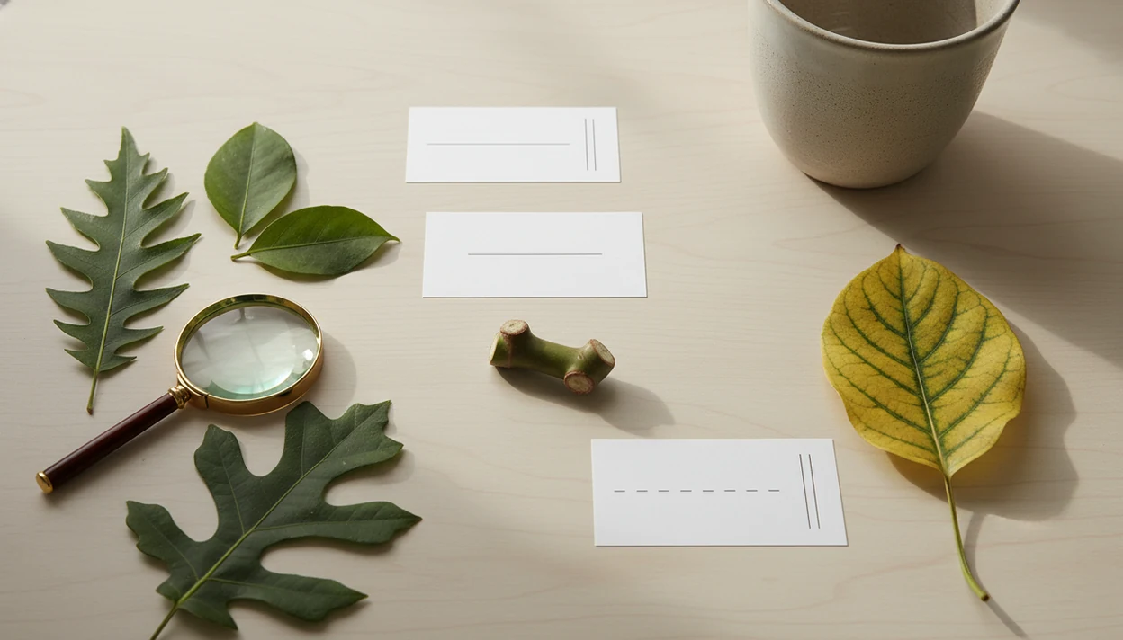 A flat lay of varied plant leaves, a stem node, blank cards, and a magnifying glass on a clean desk.