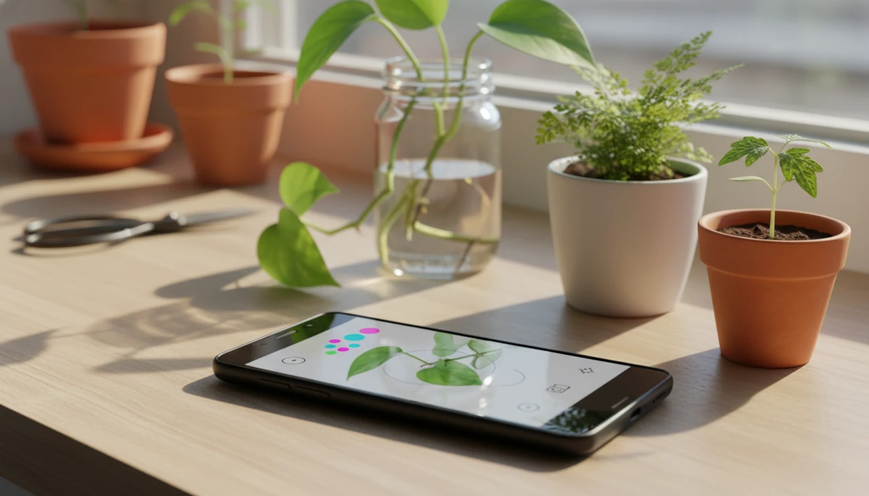An Android phone scans houseplant leaves beside potted plants on a bright windowsill.