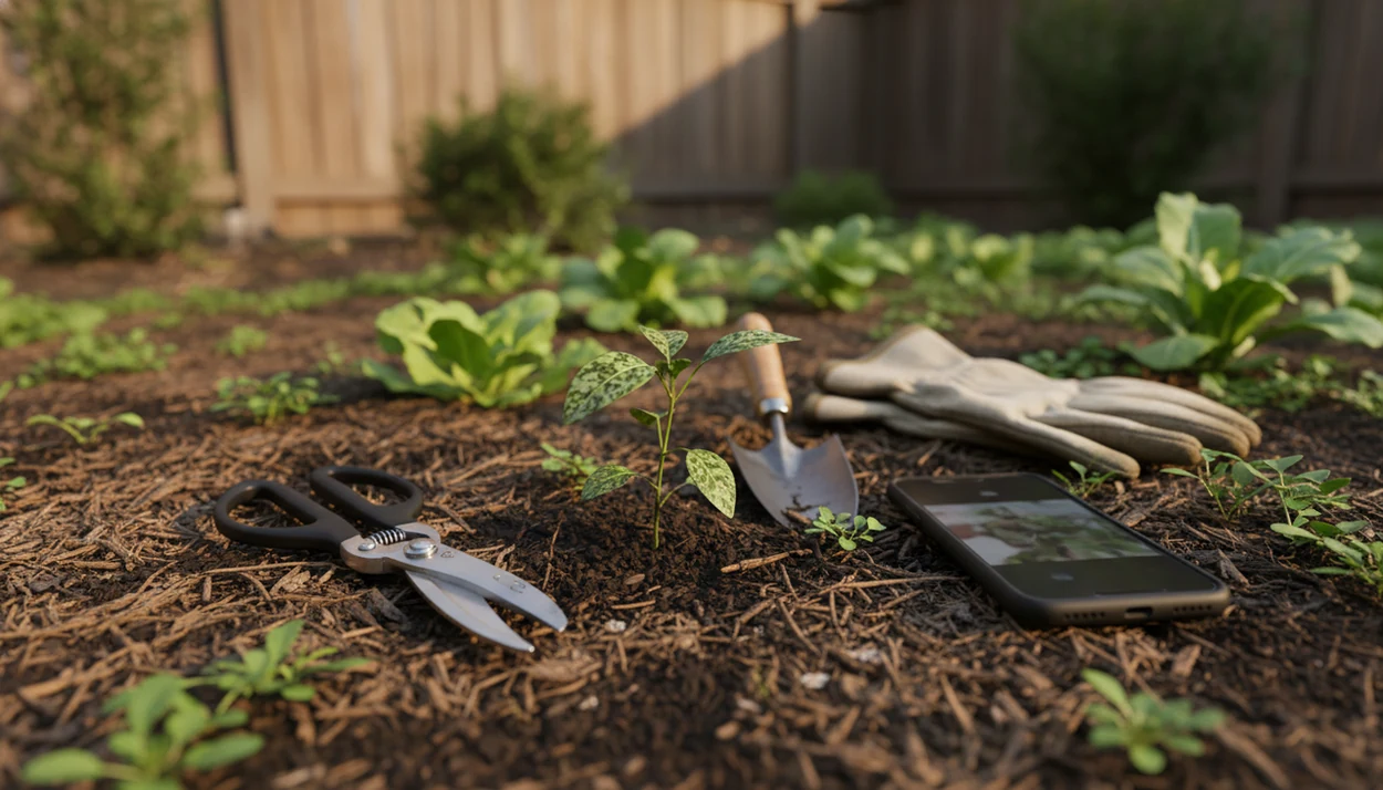 A smartphone and garden tools sit beside an unknown seedling in a backyard bed before any action is taken.