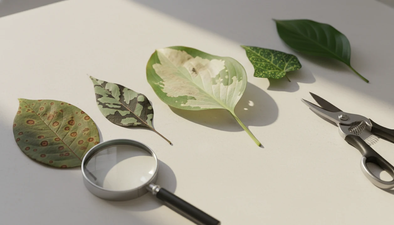 Assorted plant leaves with different spot patterns arranged with a magnifying glass for diagnosis.