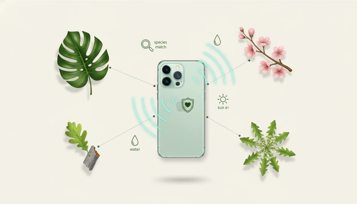 A phone camera scans leaves, flowers, bark, and a weed with care and health icons around it.