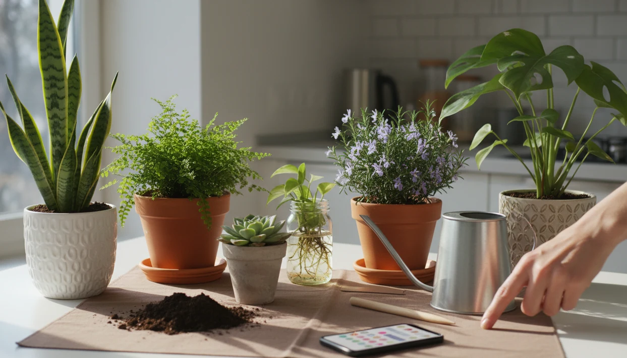 A phone, watering can, and varied potted plants arranged for personalized plant watering reminders.
