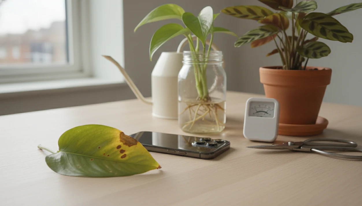 A phone beside healthy and spotted houseplant leaves suggests plant identification, diagnosis, and care planning.
