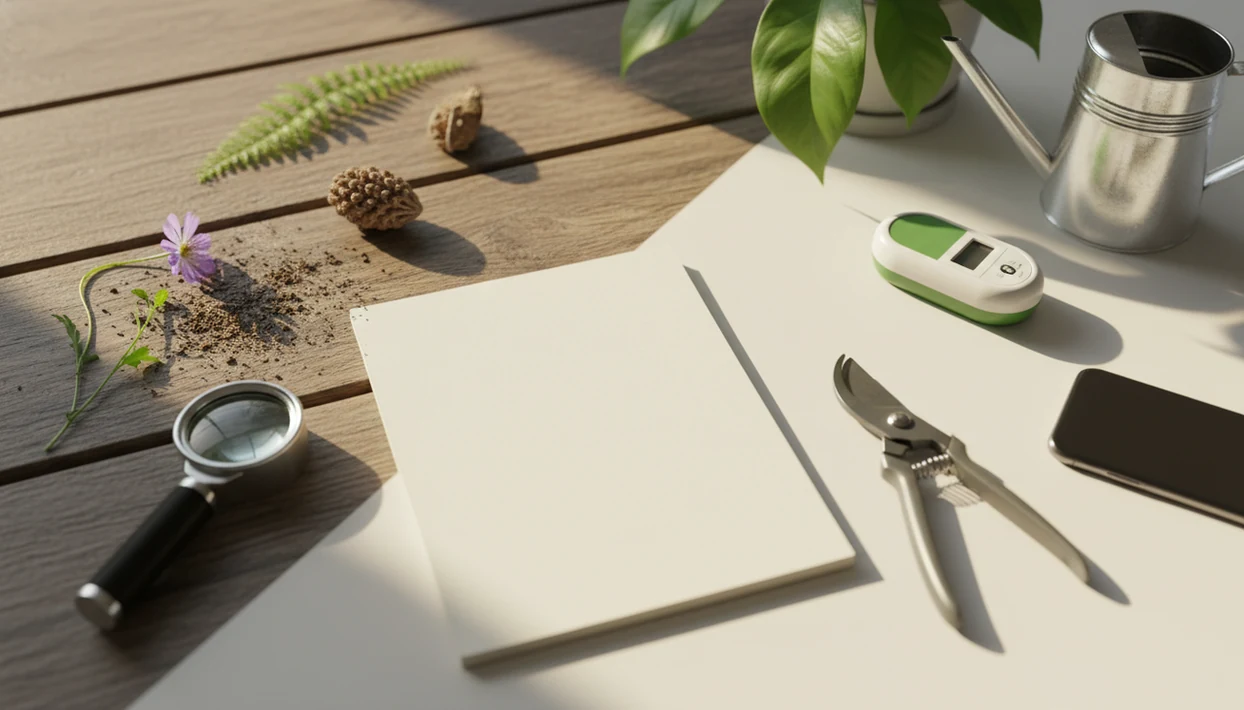 A flat lay contrasts wild plant field tools with houseplant care items for comparing plant ID apps.