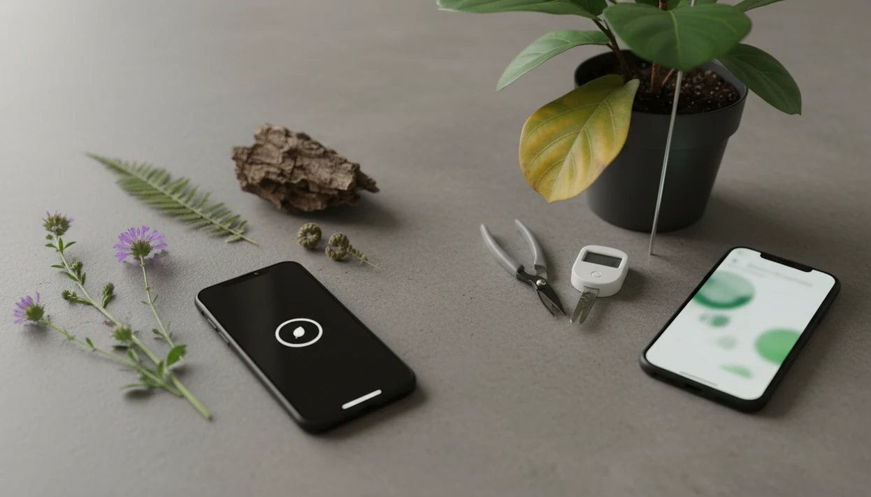 A side-by-side still life compares wild plant identification with houseplant care tools and phone apps.