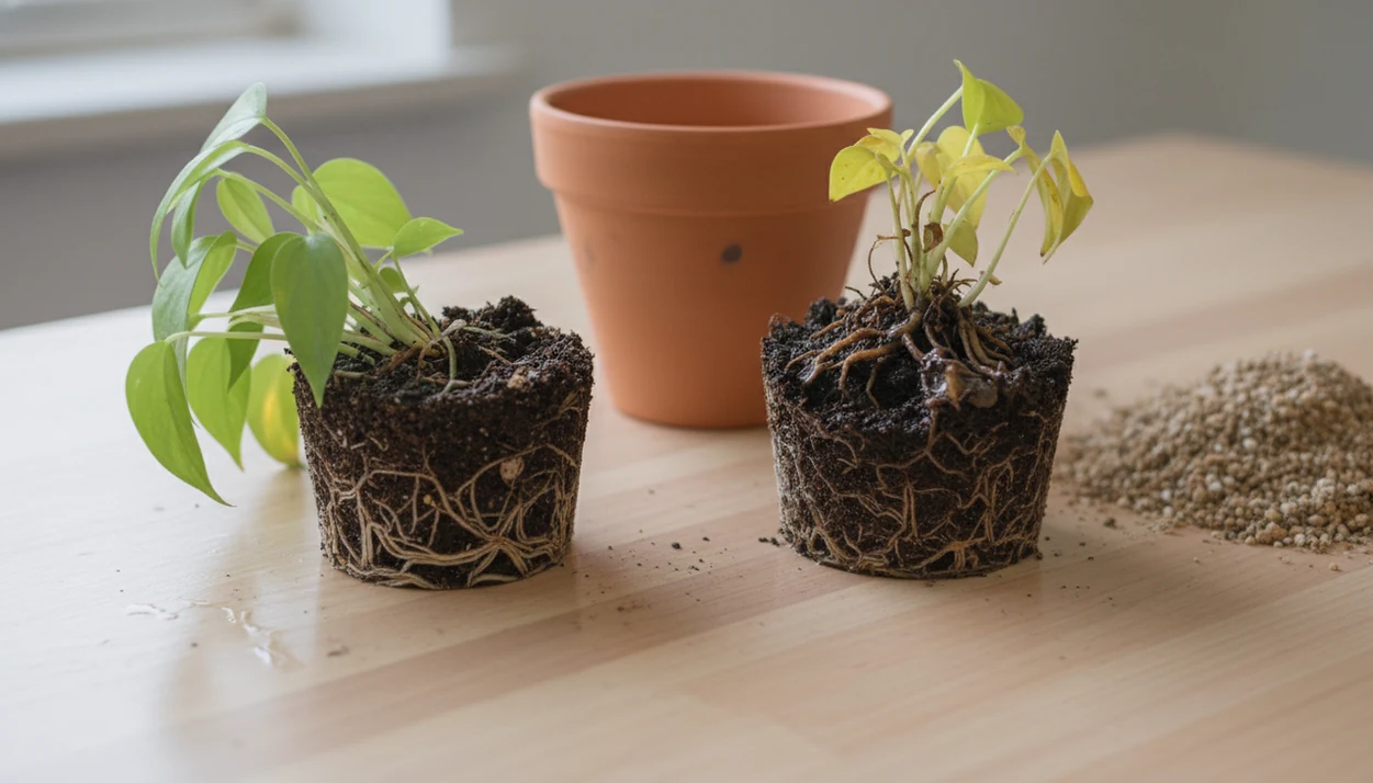 Two unpotted houseplants show firm pale roots beside dark mushy roots in wet soil.