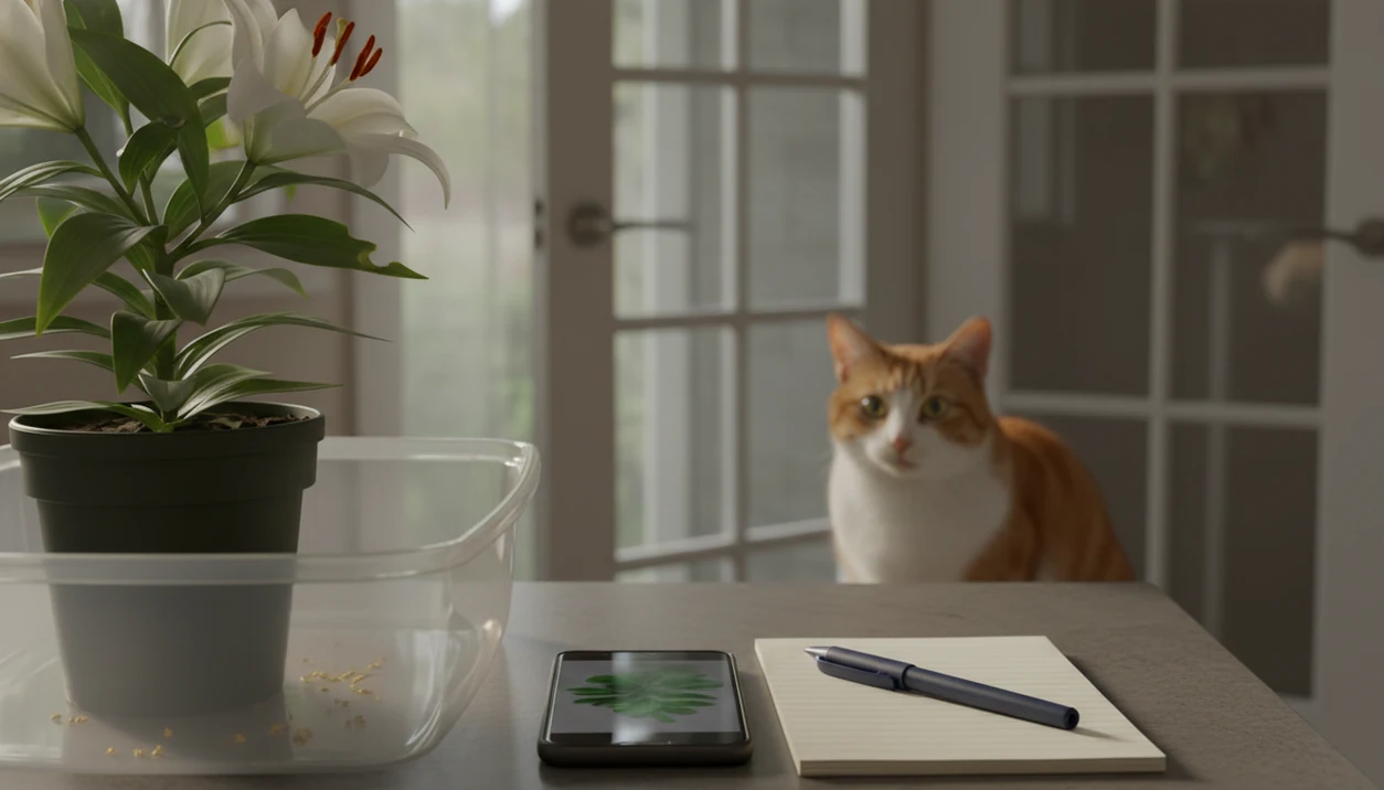 A cat watches from behind glass while a phone and isolated flowering plant sit on a counter.
