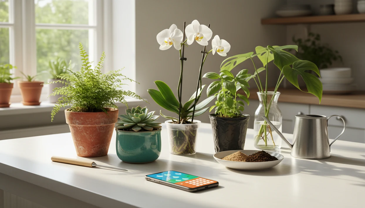 A table of varied houseplants with watering tools and a phone suggesting personalized plant care reminders.