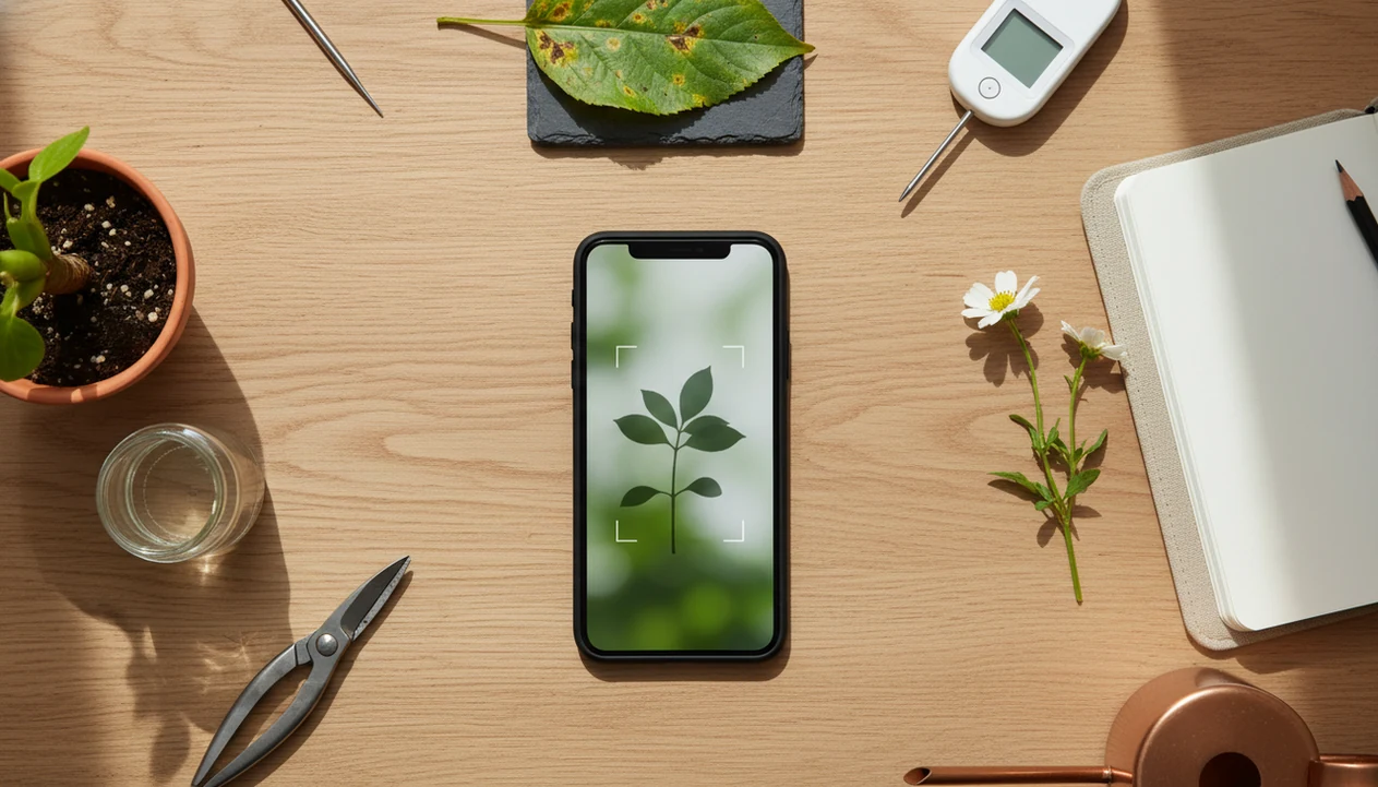 A phone sits among houseplant, wildflower, and spotted leaf samples for plant identification.