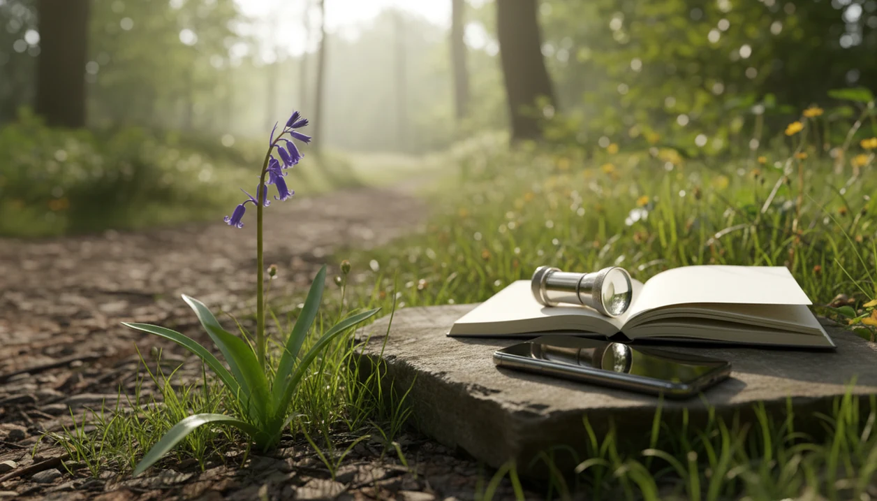 A wildflower is photographed in place beside a phone, hand lens, and blank field notebook on a trail.